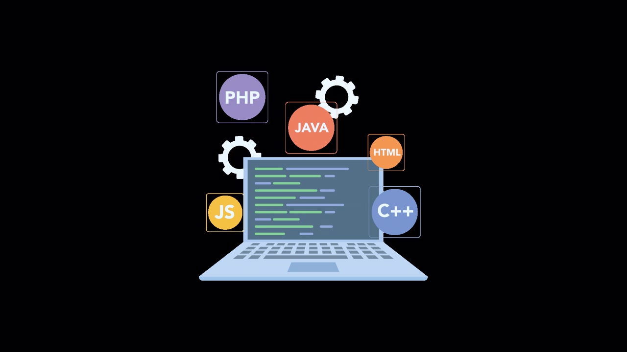 Animierter Laptop, der Code mit Programmiersprachen-Symbolen anzeigt