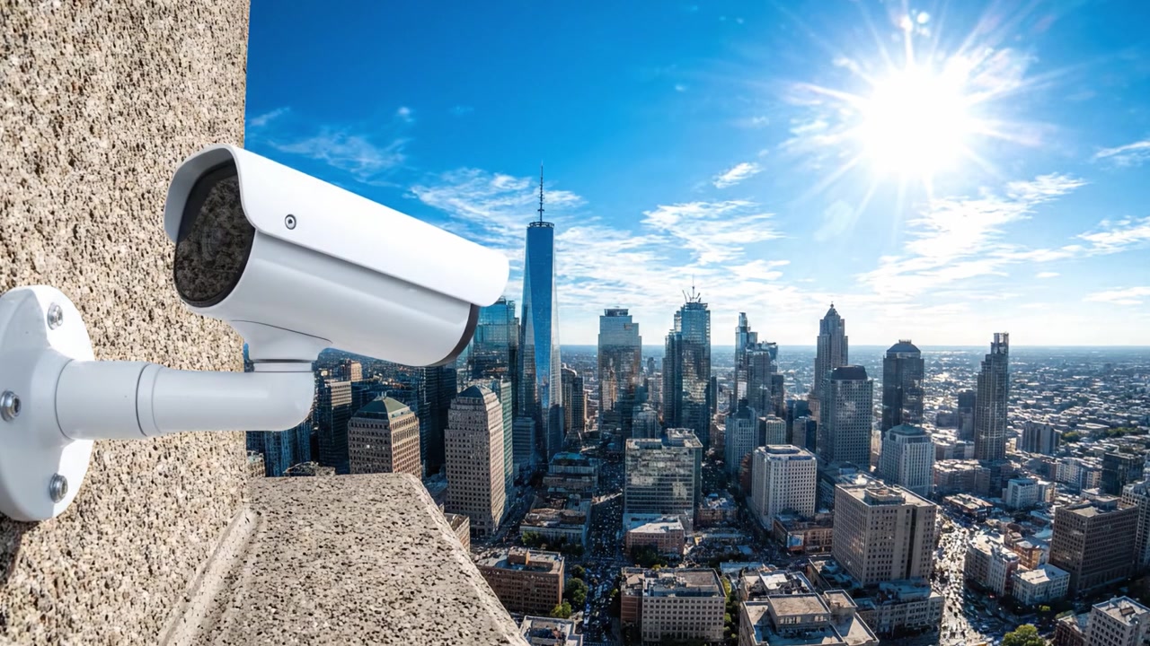 Surveillance Camera Overlooking Urban Landscape: A Modern Security Solution Monitoring City Activities with Cloudy Blue Skies and Bright Sunlight in the Background