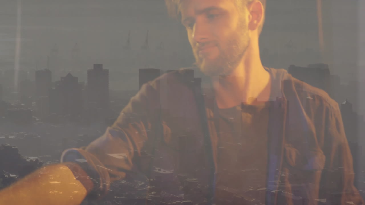 Man gazing through reflective glass in urban business scene, displaying animated city data overlays