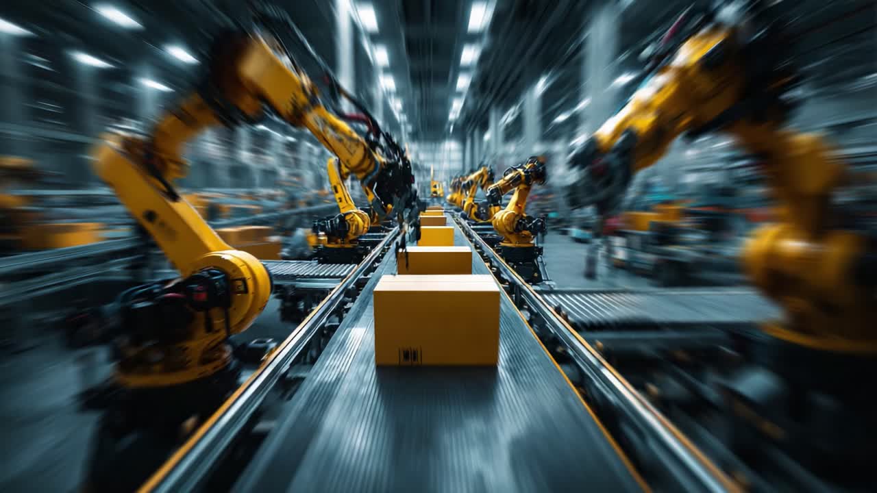 A Dynamic Industrial Automation Scene Showcasing Advanced Robotic Arms Operate Efficiently on a Conveyor Belt, Streamlining Package Handling and Logistics