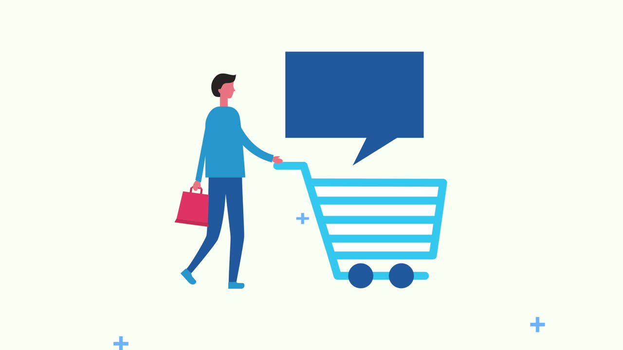 man with shopping cart and speech bubble