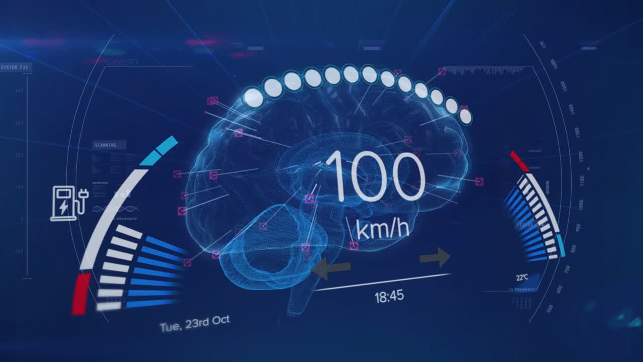 Blue brain hologram responding to speed rising, updating telemetry, filling gauges for monitoring