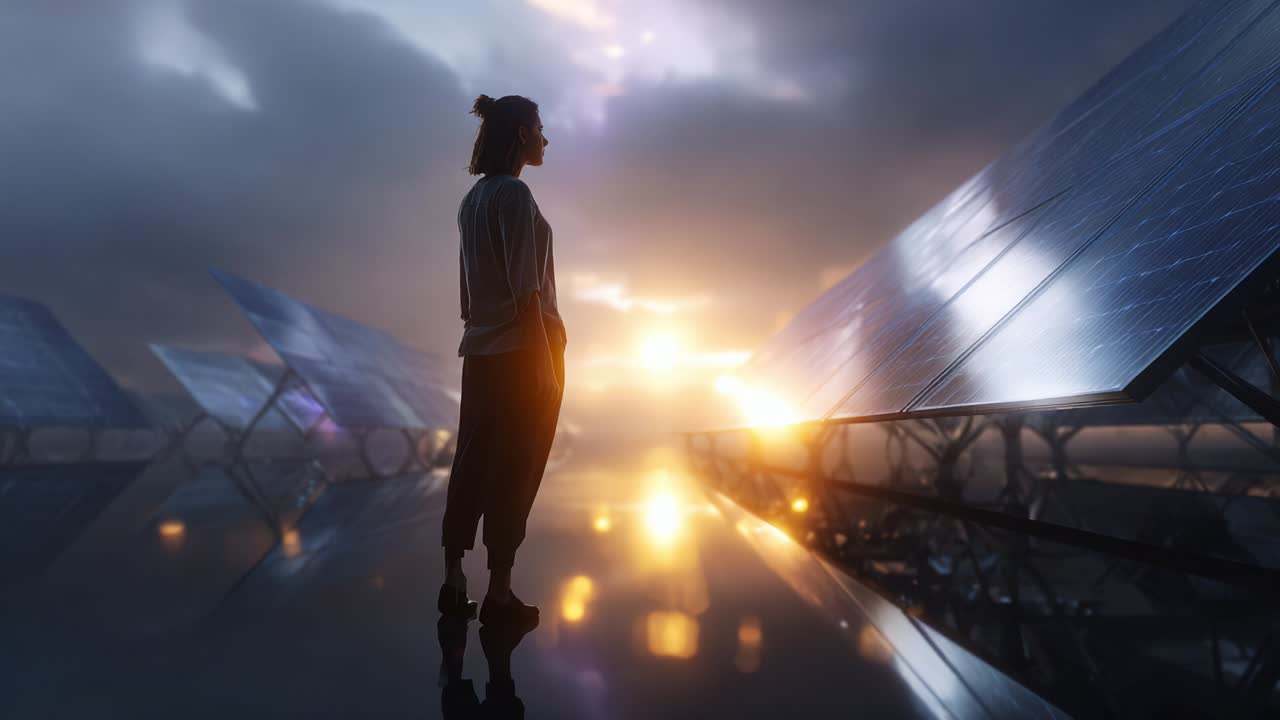 A contemplative figure stands in serene silence amidst rows of shining solar panels, bathed in the warm glow of the rising sun. The scene captures a moment of reflection on sustainable energy innovations