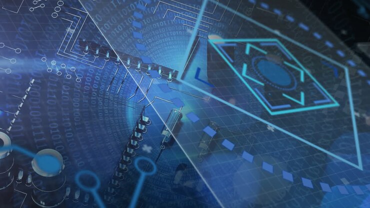 Animation of data processing with scope scanning over computer circuit board on black background