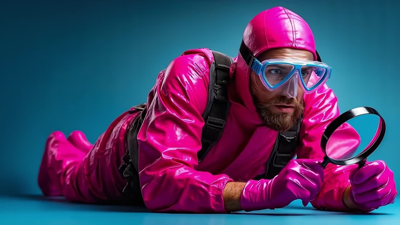 A man in a pink suit and goggles holding a magnifying glass