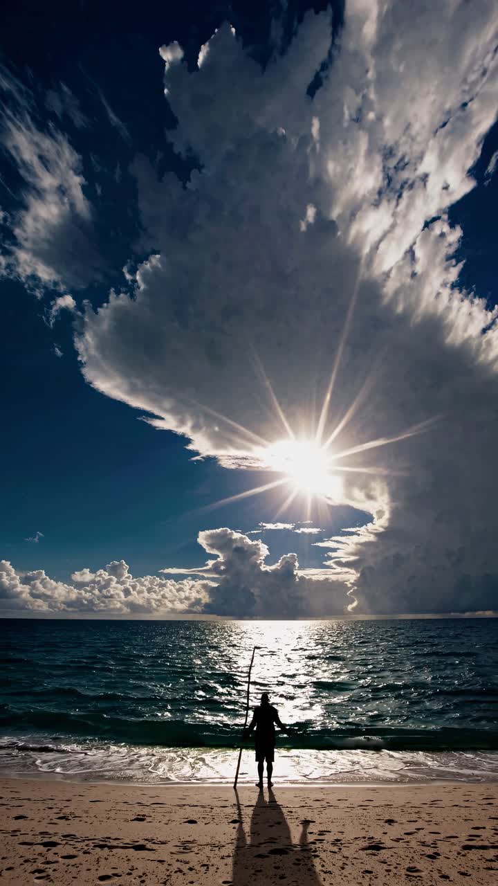 Silhouette of a person on a beach with dramatic clouds and sunburst