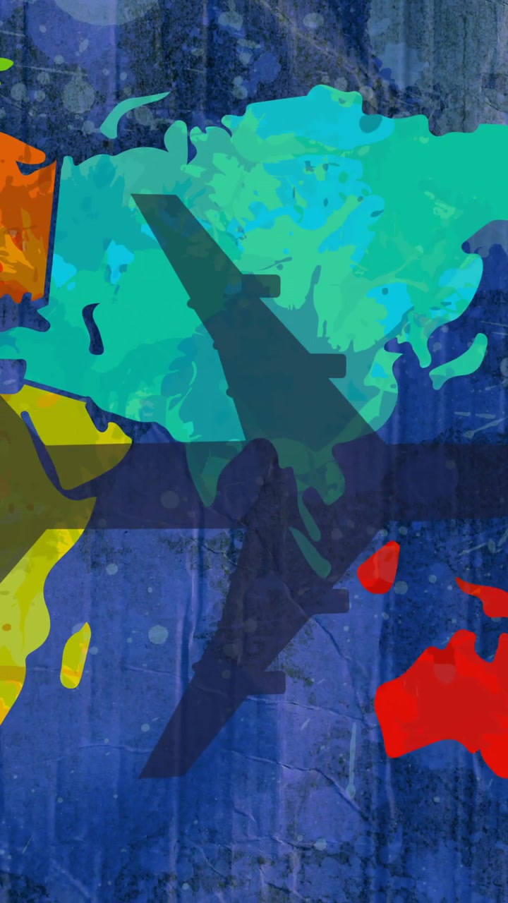 Animation of airplane shadow flying over multi coloured world map