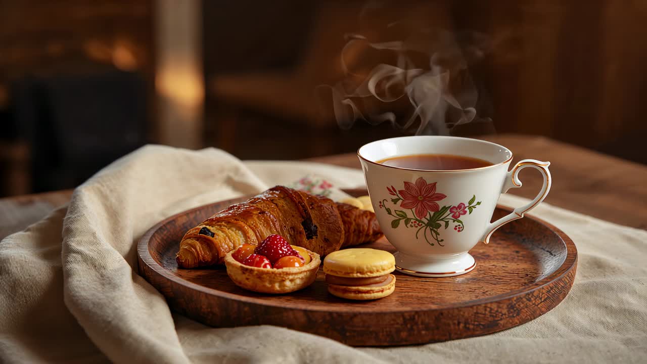 Releasing floral teacup emitting rising steam on table as tea steaming, with croissant and macarons