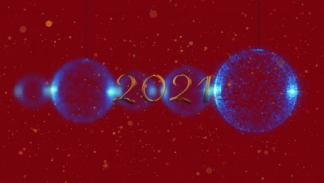 animation of 2021 text over christmas decoration on red background