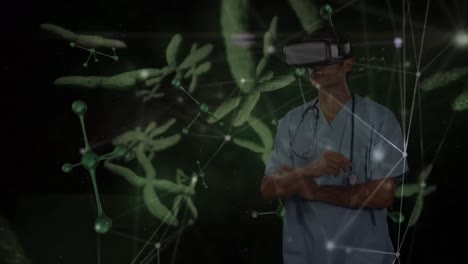Animation-of-molecular-structures-floating-over-caucasian-male-health-worker-wearing-vr-headset