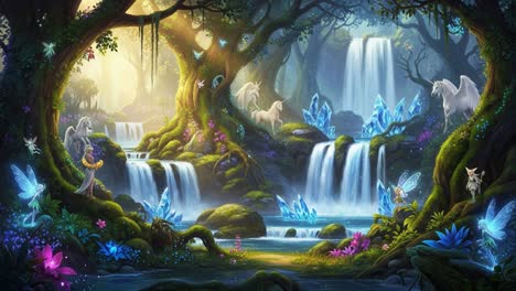 enchanting landscape of a magical forest with waterfalls, crystals, and mystical creatures, casting an ethereal glow under the gentle sunlight