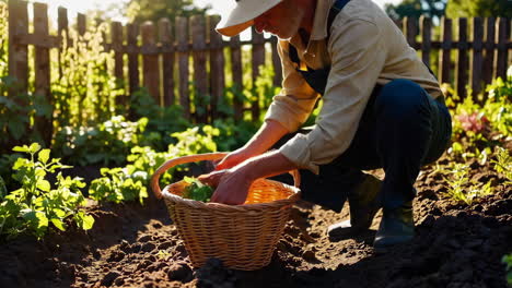 senior farmer harvesting vegetables in garden