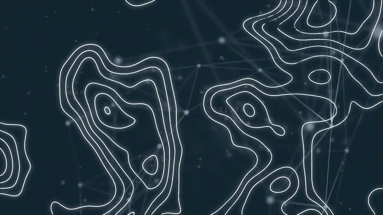 빛나는 반점이 있는 연결 네트워크를 가로질러 움직이는  ⁇ 색 지도 선의 애니메이션