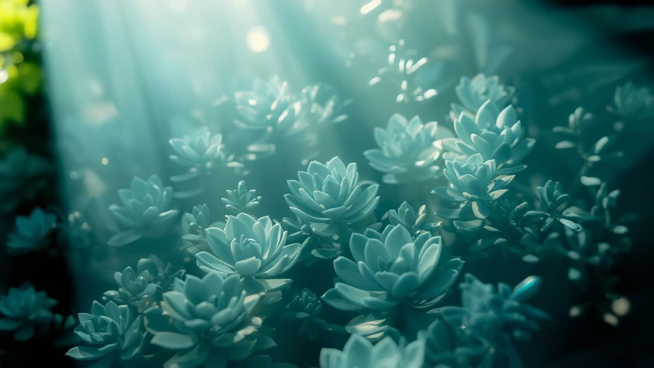 Sunlight revealing succulent rosettes in garden with drifting particles and yellow leaves