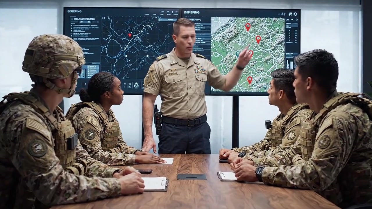 Military Briefing on Strategic Operations with Commanders Discussing Objectives and Tactical Plans in a Modern War Room Environment