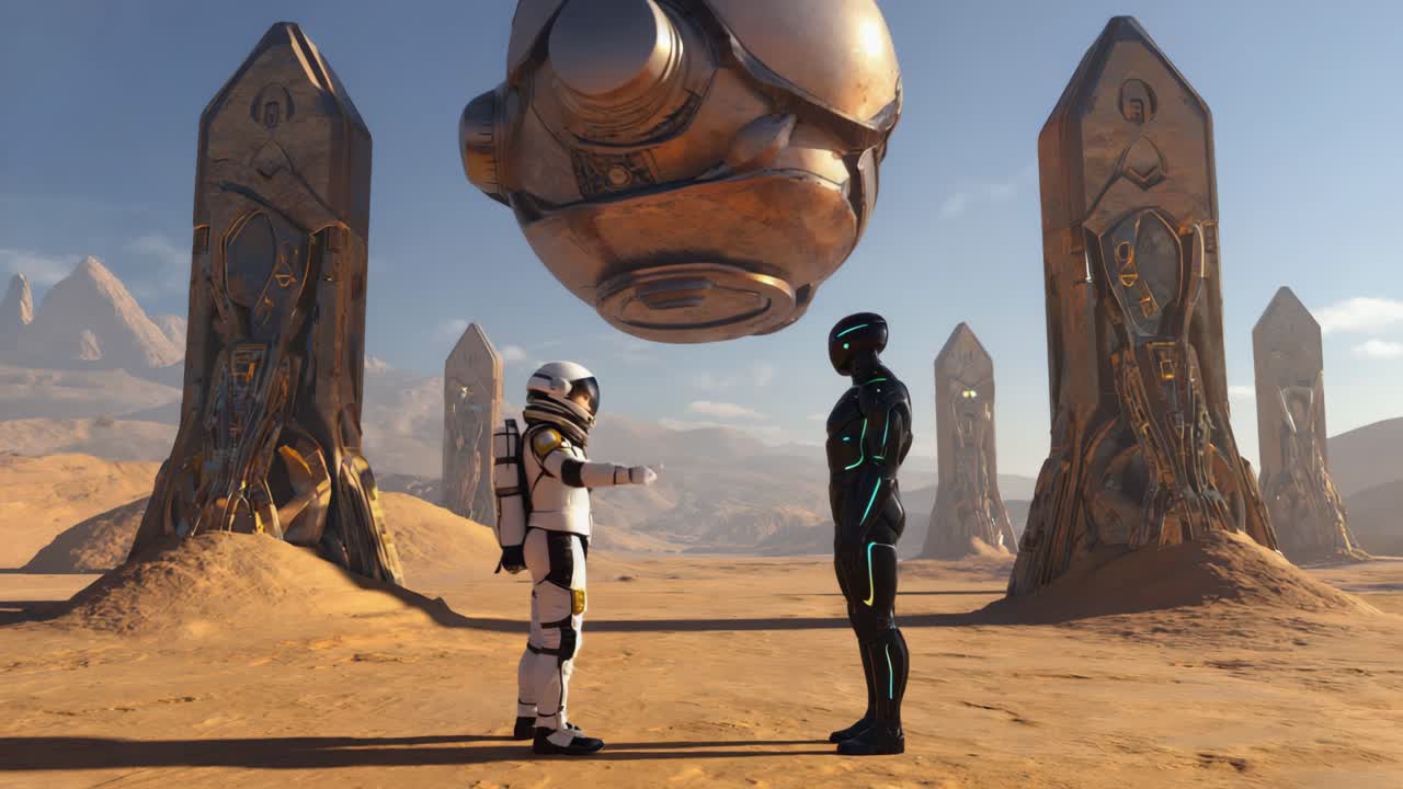 An astronaut and a futuristic humanoid encounter a large spherical object in an alien desert landscape with towering ancient structures