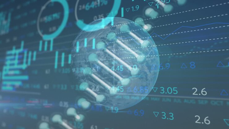 Animazione di elaborazione di dati su una catena di DNA e un globo.
