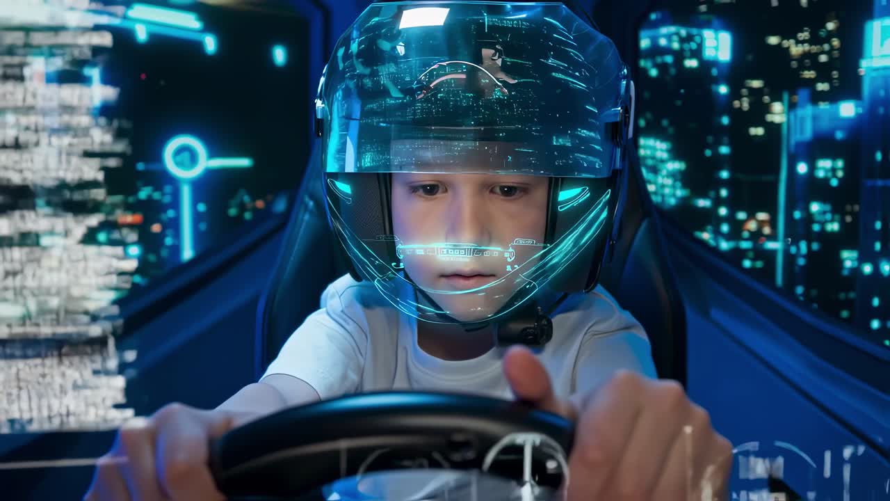 Concentrated boy wearing futuristic helmet with head up display driving a futuristic car in a simulator with lights and digital information