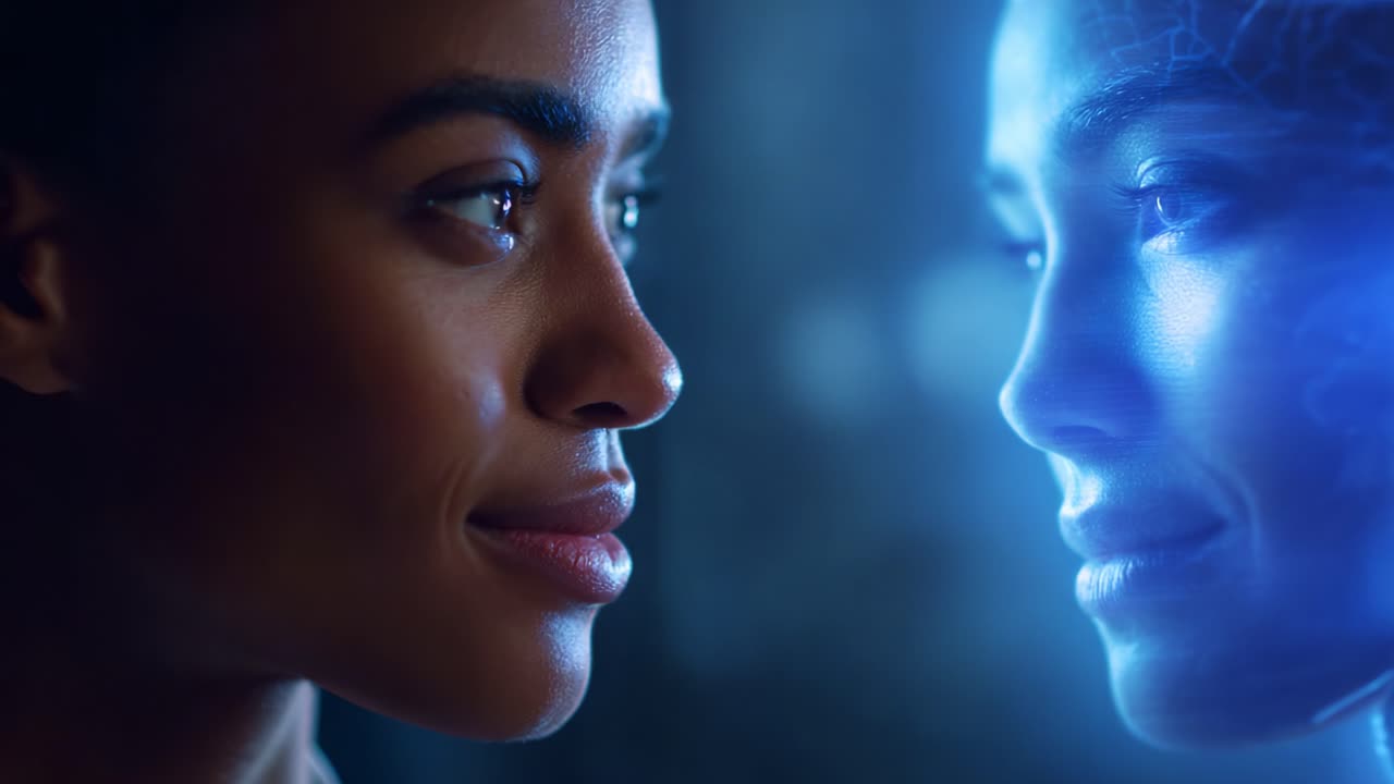 Esplorando la connessione tra emozione umana e riflesso dell'IA: un viaggio nel futuro dell'interazione e della tecnologia in un ambiente futuristico