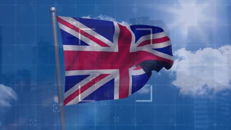 Animation-Des-Zielfernrohrscans-über-Der-Wehenden-Britischen-Flagge-Vor-Wolken-Am-Blauen-Himmel