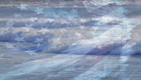 composición digital de agitarnos la bandera contra las olas en el mar
