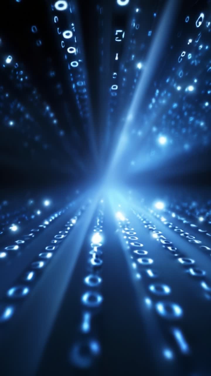 Un tunnel digitale ipnotico di numeri binari luminosi attraversa l'oscurità, creando un'immagine straordinaria della trasmissione dati e dell'essenza della tecnologia