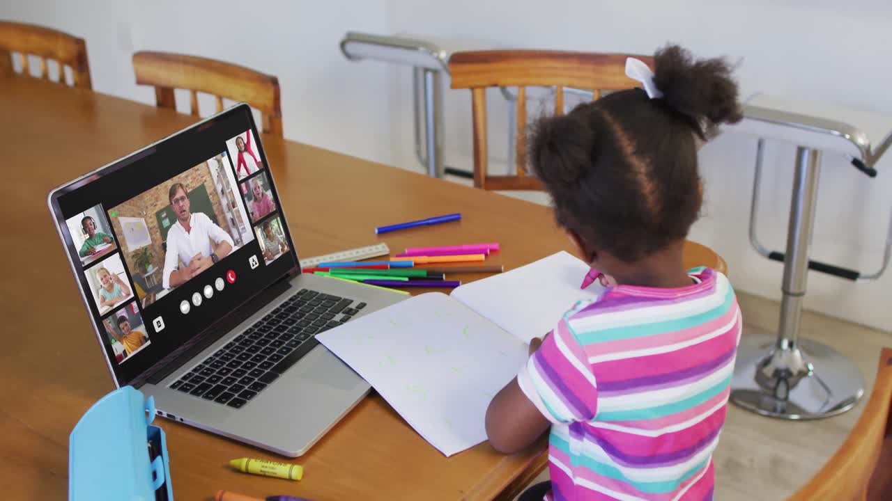Schoolgirl using laptop for online lesson at home, with diverse teacher and class on screen