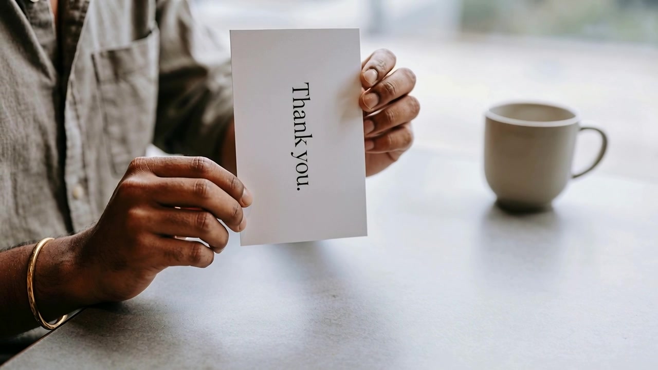 Prepping to show thanks, adjusting hands aligning white Thank you card at table, rolled sleeves