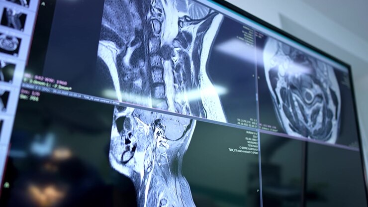 Monitor con le scansioni MRI del paziente sottoposto a neurochirurgia. Medico che osserva le scansioni e riflette sullo schermo