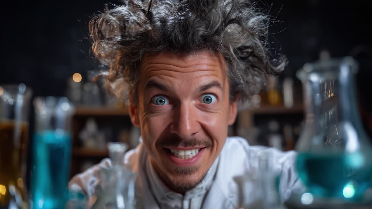 Scienziato eccentrico con capelli folti e pozioni colorate, intento a sperimentare in un laboratorio