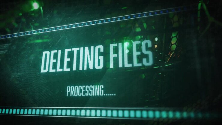 Animation of deleting files, processing text on interface over computer server
