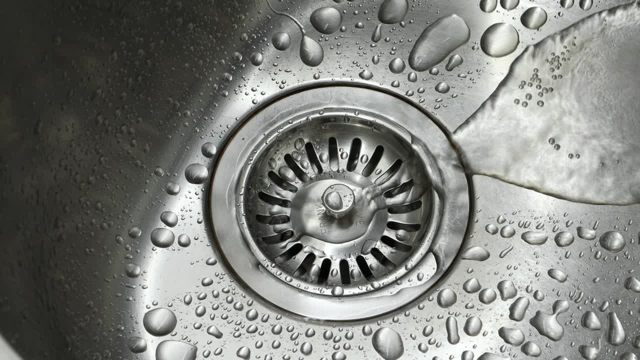 하수구에서 흐르는 물이 스테인리스 스 주방 싱크대로 어지고 있습니다.