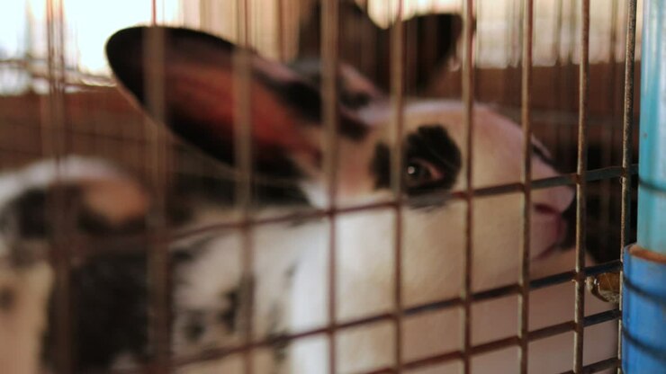 Bunny inside cage in 4K. Domesticated rabbit inside organic farm. Animal behind bars