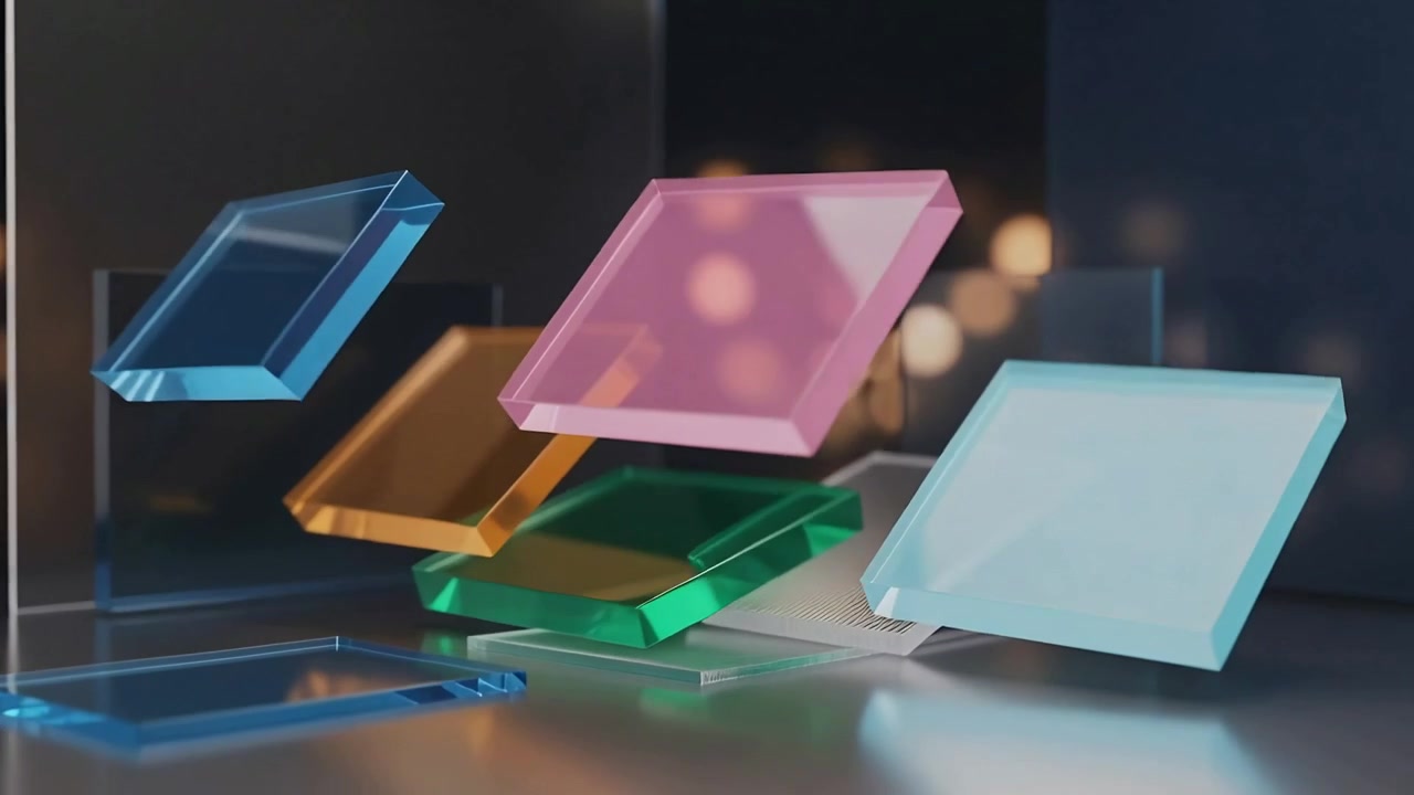 Avvio della riproduzione con pannelli colorati che ruotano e scorrono in una disposizione sfalsata su supporti trasparenti in studio