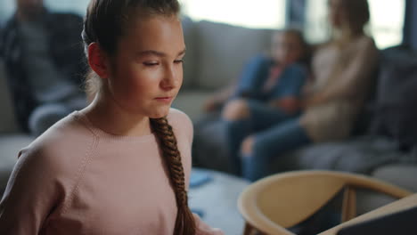 Girl-talking-classmates-on-laptop.-Student-using-computer-distance-education.