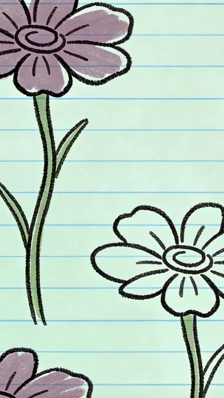Video verticale: Vista panoramica che rivela fiori simili a margherite disegnati a mano su carta a righe con linee blu.