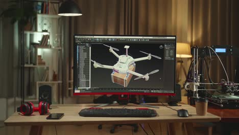 3d printer and personal computer, screen shows cad software with 3d prototype of drone delivery
