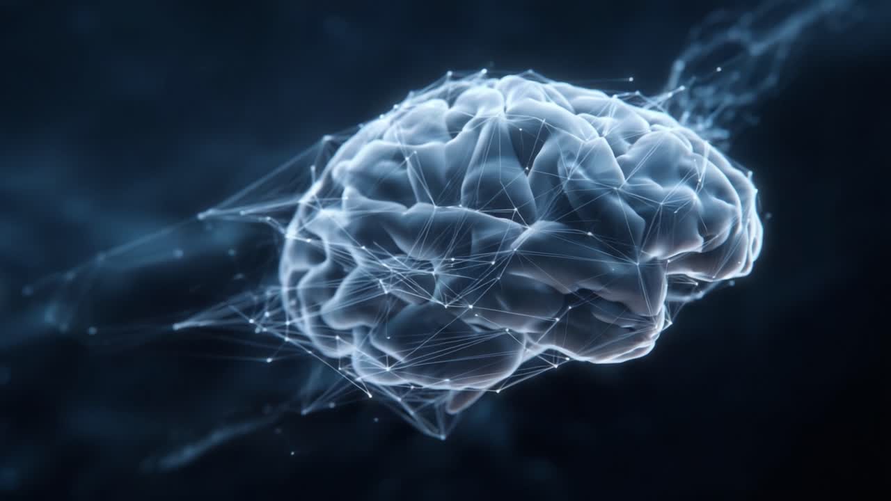 En imponerende visualisering af en hjerne forbedret af digitale forbindelser, der symboliserer avancerede neurale netværk, intelligens og konvergensen af teknologi og kognition