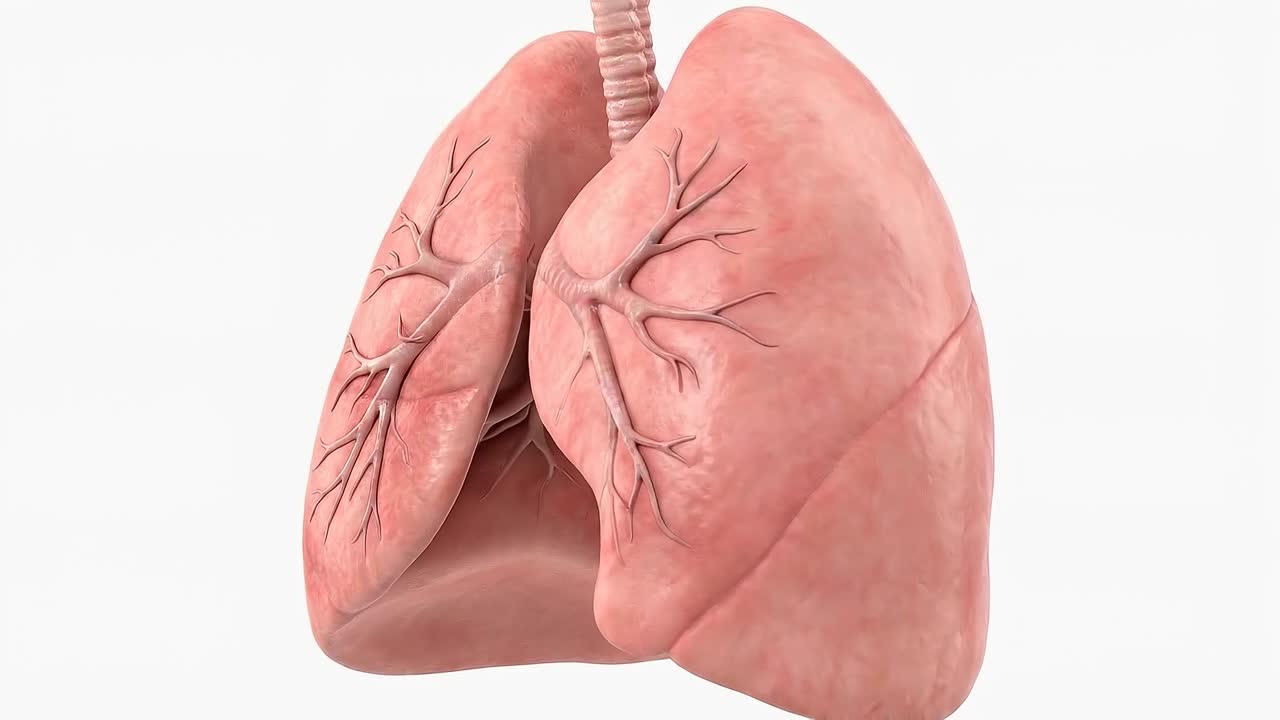 Polmoni umani realistici isolati su sfondo bianco che mostrano l'anatomia del sistema respiratorio e la struttura bronchiale.