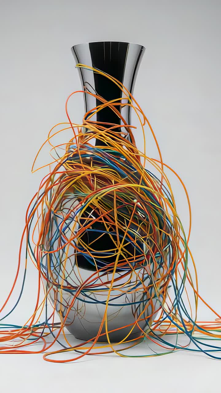 Vertical video: Draping wires starting in first frame, settling around chrome vase on studio table