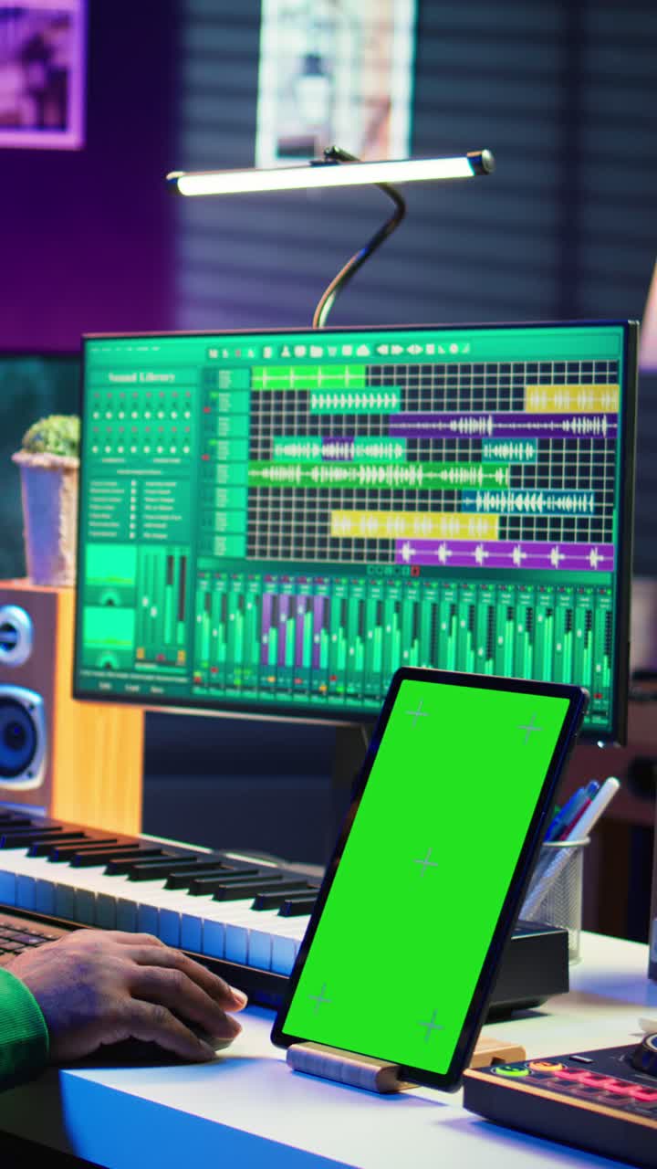 Musikproduzent, der im Studio mit einem Tablet mit Greenscreen und DAW arbeitet