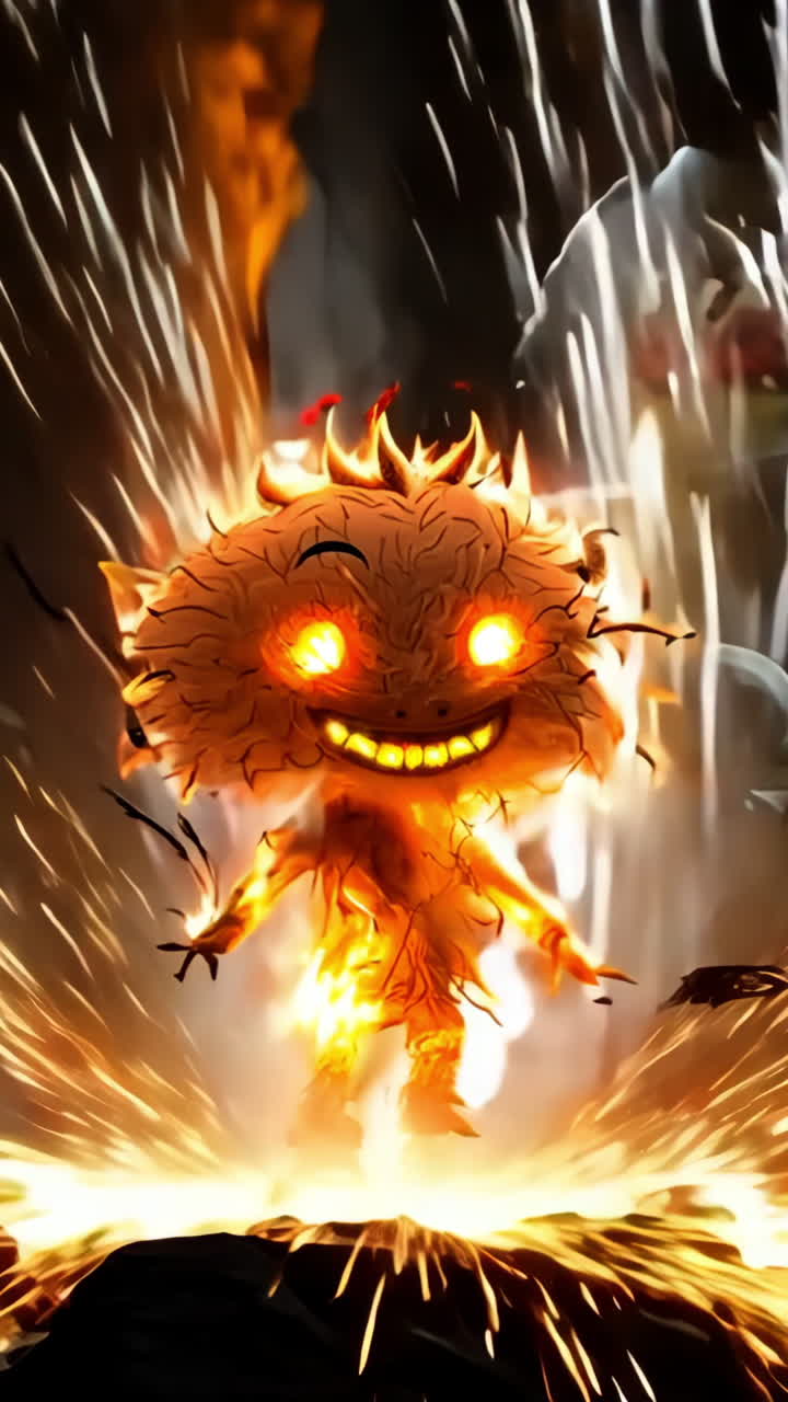 A cartoonish creature with a big smile and a glowing face stands in front of a pile of sparks