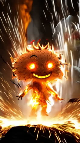 a cartoonish creature with a big smile and a glowing face stands in front of a pile of sparks