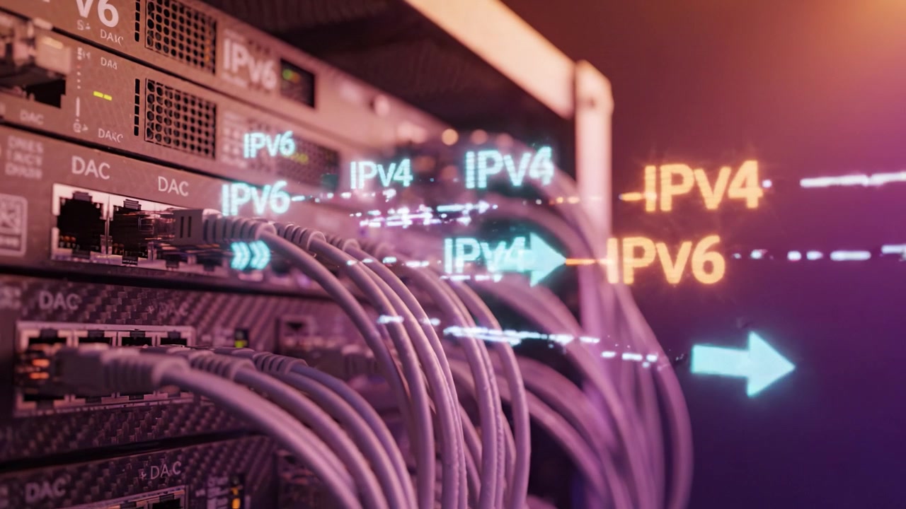 Vibrant Data Center Rack Showcasing IPv4 and IPv6 Network Infrastructure with Colorful Cables and Illuminated Ports Highlighting Modern Digital Connectivity