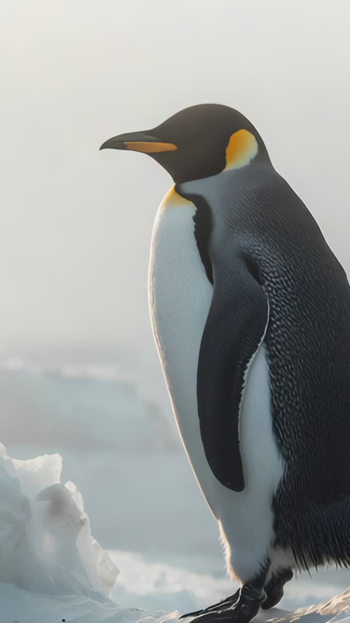 Vertical video: On start king penguin shifting head, scanning frozen sea on Antarctic ice platform