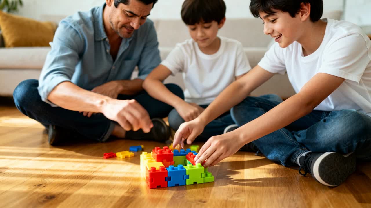 Padre e hijos construyendo, los hijos tomando una pila y formando bloques en el suelo de la sala de estar para jugar, vistiendo ropa informal.
