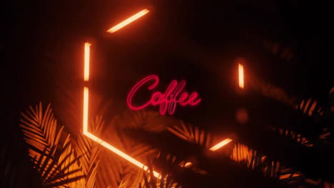 animación de texto de café en rojo con hexágono de neón naranja y hojas de la selva por la noche