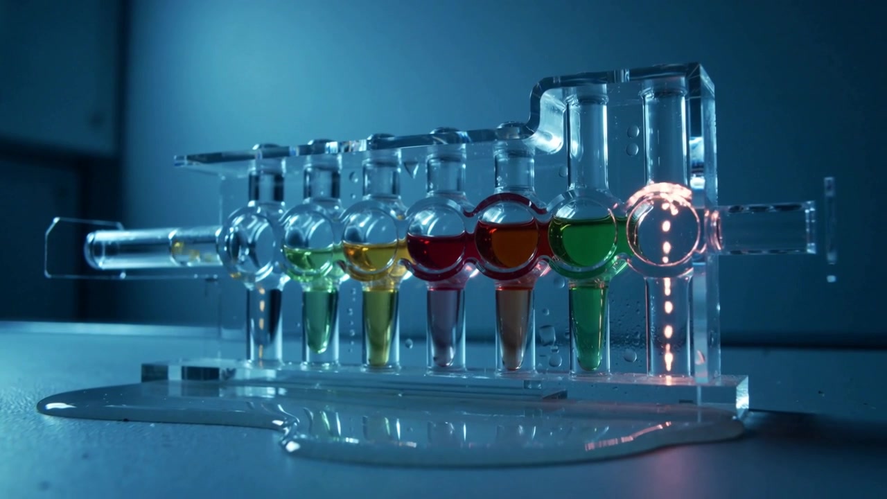 Shifting clear acrylic multi-chamber device gravity pulling colored droplets down onto bench in lab
