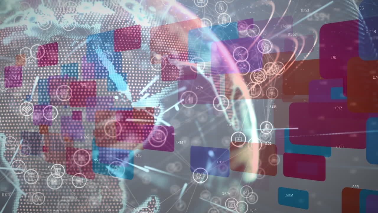 아이콘, 연결 및 화려한 직사각형으로  ⁇  공간에서 회전하는 지구의 애니메이션