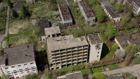 aerial view of ruined old factory. aerial shot of big abandoned factory.